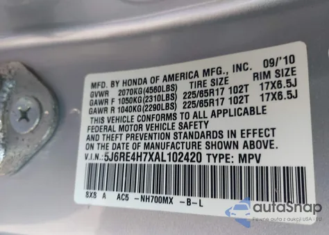 2010 Honda Cr-V Ex-L from USA, damaged, VIN 5J6RE4H7XAL102420